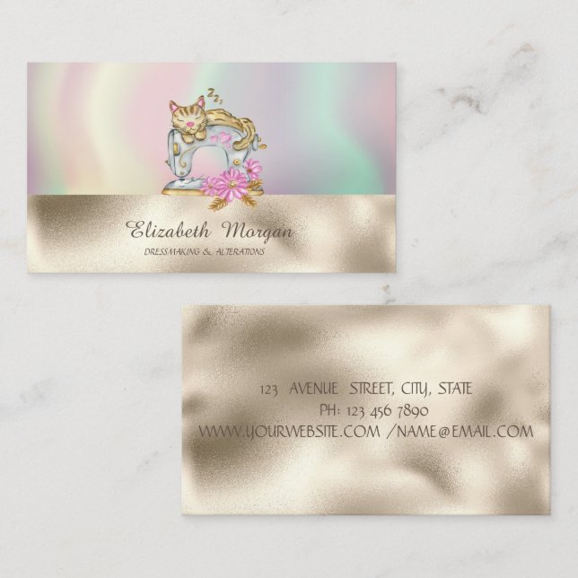 Vintage Sewing Machine Cat Colourful Gold Business Card (Front/Back)