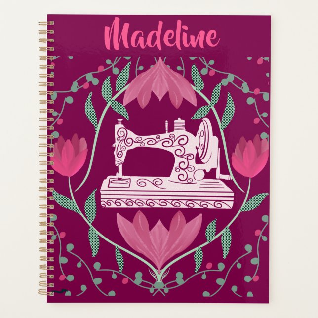 Vintage Sewing Machine:Floral Fuschia Personalized Planner (Front)