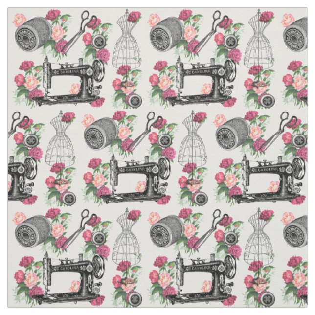 Vintage Sewing Pink Roses Fabric (Swatch)