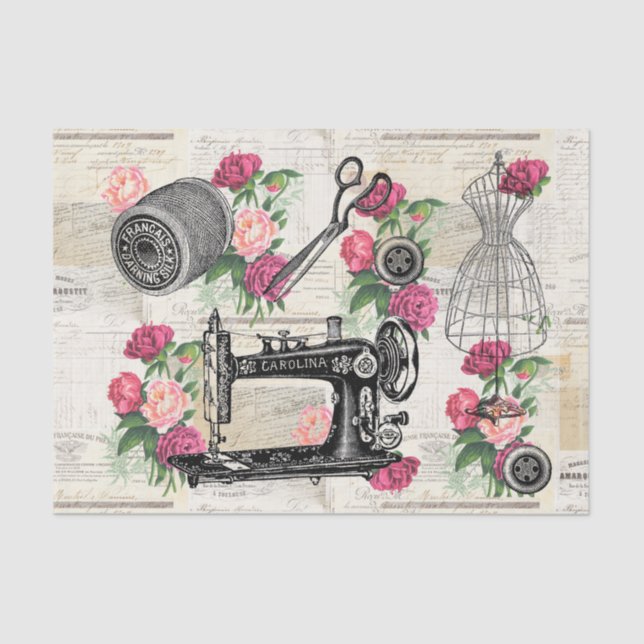 Vintage Sewing Pink Roses French Tissue Paper (Front)