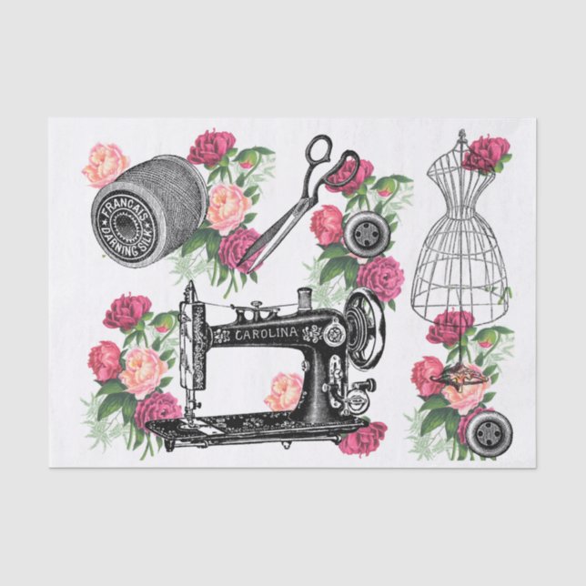 Vintage Sewing Pink Roses Tissue Paper (Front)