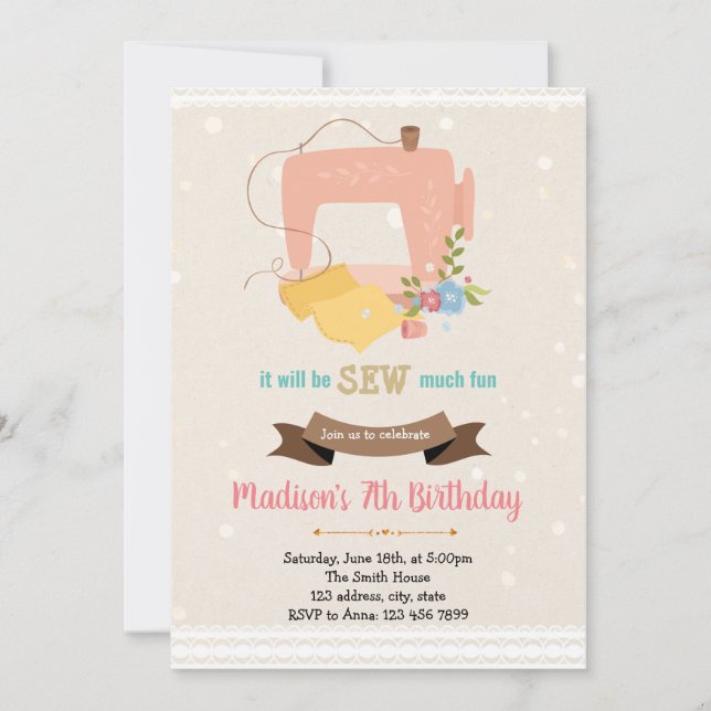 Vintage sewing theme birthday invitation (Front)