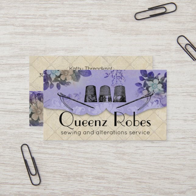 Vintage sewing thimbles seamstress embroidery busi business card (Front/Back In Situ)