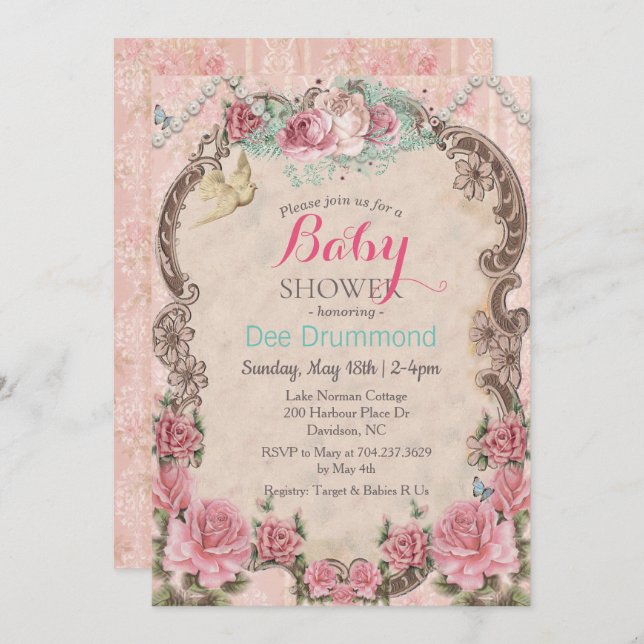 Vintage Shabby Chic Baby shower Floral Invitation (Devant / Derrière)