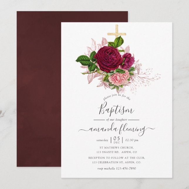 Vintage Shabby-Chic Blush and Burgundy Baptism Invitation (Front/Back)