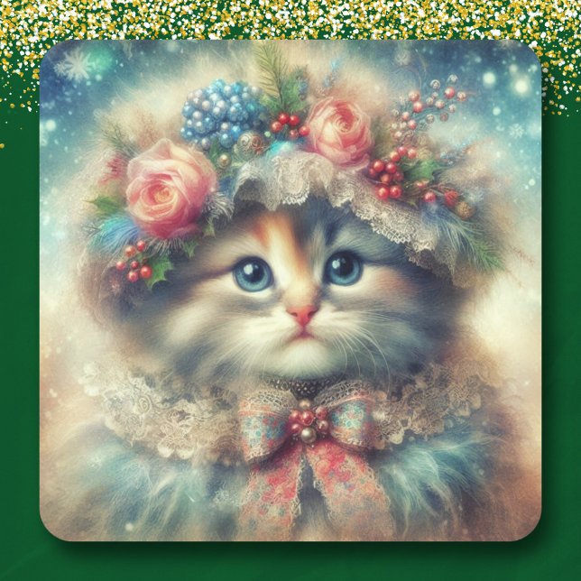 Vintage Shabby Chic Christmas Cat Square Sticker (Creator Uploaded)