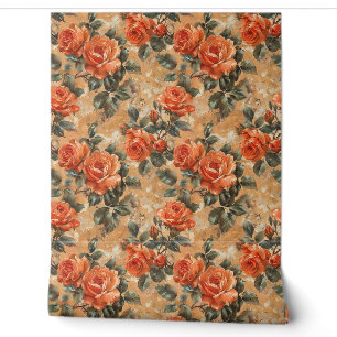 Vintage shabby chic copper orange English roses Wallpaper