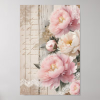 Vintage Shabby Chic Decoupage Peonies Wall Art
