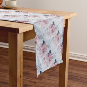 Vintage Shabby Chic Dusky Pink Roses On Blue Short Table Runner