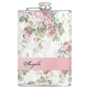 Vintage Shabby Chic Flowers-Personalized Hip Flask