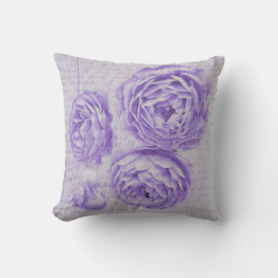 Vintage Shabby Chic Lilac Roses on Antique Script Throw Pillow