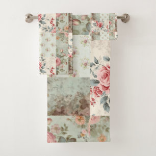 Vintage Shabby Chic Pastel Green Florals Patchwork Bath Towel Set