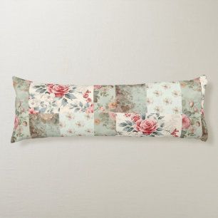 Vintage Shabby Chic Pastel Green Florals Patchwork Body Pillow