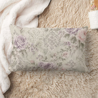 Vintage Shabby Chic Pink and Lavender Roses Lumbar Pillow