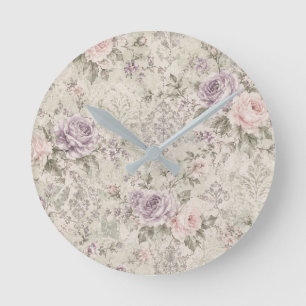 Vintage Shabby Chic Pink and Lavender Roses Wall C Round Clock