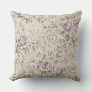 Vintage Shabby Chic Pink and Lavender Roses Wall C Throw Pillow