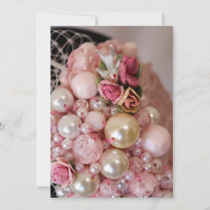 Vintage Shabby Chic Pink Beads & Fabric Roses  Invitation