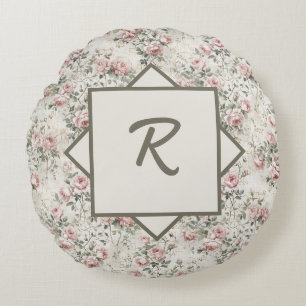 Vintage Shabby Chic Pink Floral Monogram Round Pillow