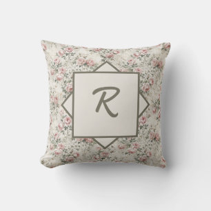 Vintage Shabby Chic Pink Floral Monogram Throw Pillow