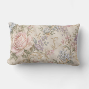 Vintage Shabby Chic Pink Peony Rose Floral Lumbar Pillow