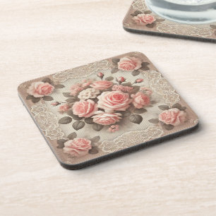 Vintage Shabby Chic Pink Rose Floral Coaster