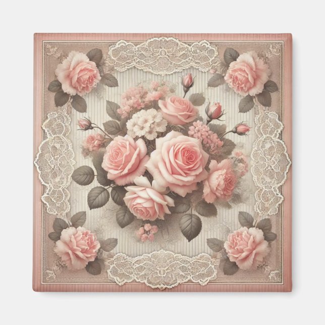 Vintage Shabby Chic Pink Rose Floral Magnet (Front)
