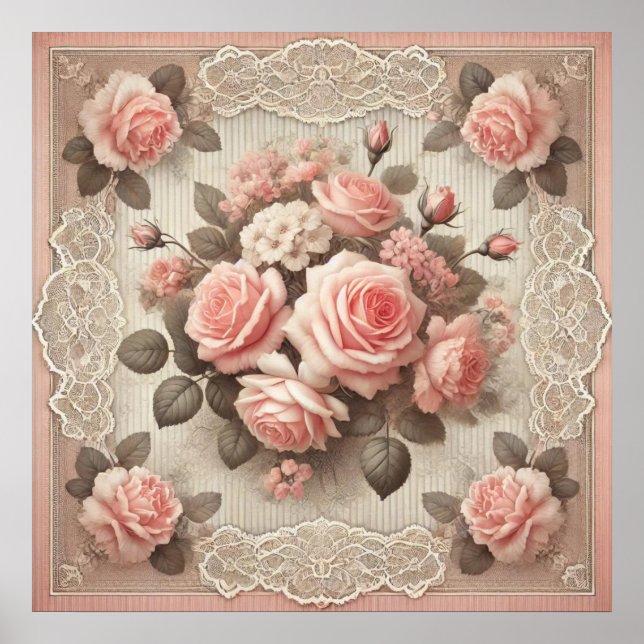 Vintage Shabby Chic Pink Rose Floral Poster (Front)