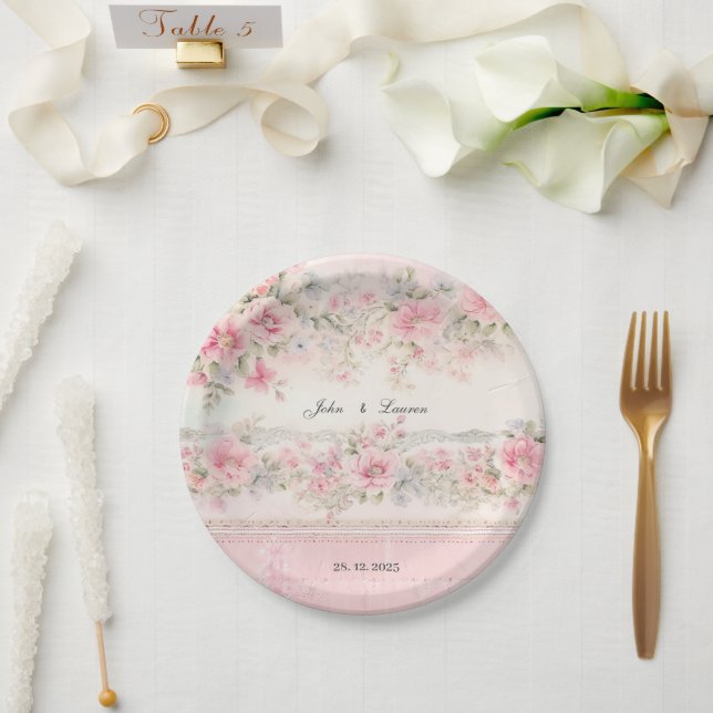 vintage shabby chic pink wedding  paper plate (Wedding)