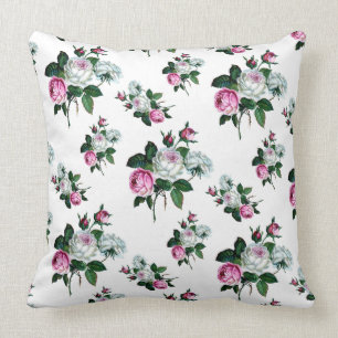 Vintage Shabby Chic Pink White Roses Pattern Throw Pillow