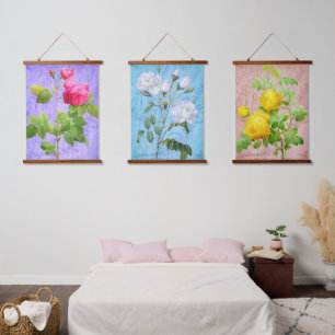 Vintage Shabby Chic Pink White Yellow Roses 3 Hanging Tapestry