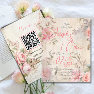 vintage shabby chic pink with rsvp qr wedding  invitation