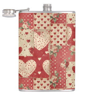 Vintage Shabby Chic Red Patchwork Pattern Hip Flask