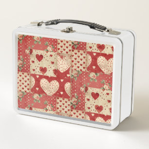 Vintage Shabby Chic Red Patchwork Pattern Metal Lunch Box
