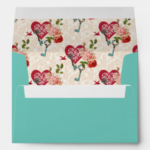 Vintage Shabby Chic Red Roses & Key to My Heart En Envelope