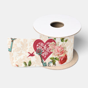 Vintage Shabby Chic Red Roses & Key to My Heart Satin Ribbon