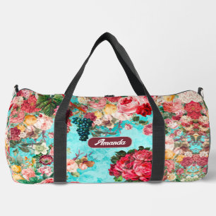 Vintage shabby chic roses and vase blue printed duffle bag