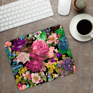 Vintage shabby chic roses black pink pattern mouse pad