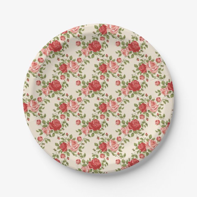 Vintage Shabby Chic Roses Pattern Paper Plate (Front)