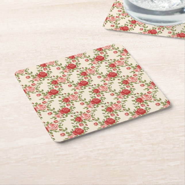 Vintage Shabby Chic Roses Pattern Square Paper Coaster (Angled)