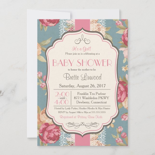 Vintage Shabby Chic Shower Invitation, Baby Bridal Invitation (Front)