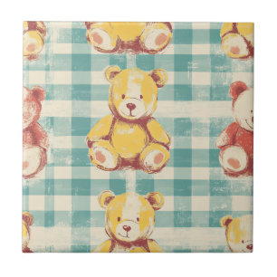 Vintage Shabby Chic Teddy Bear Gingham Pattern (3) Tile