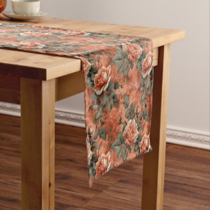 Vintage shabby chic terracotta English roses sage  Short Table Runner