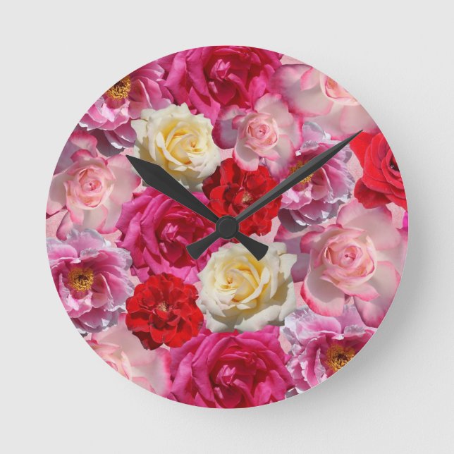 Vintage Shabby Chic Vibrant Country Roses Round Clock (Front)