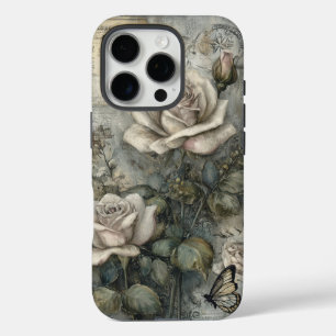 Vintage Shabby Chic White Rose and Butterfly  iPhone 16 Pro Case