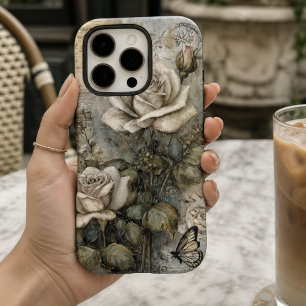 Vintage Shabby Chic White Rose and Butterfly iPhone 16 Pro Case