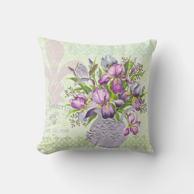 Vintage Shabby Purple Flowers Whimsical Green Throw Pillow (Front)