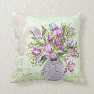 Vintage Shabby Purple Flowers Whimsical Green Throw Pillow