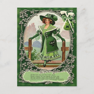 Vintage Shamrock Pipe Harp of Erin Poem St Patrick Postcard