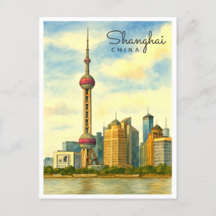  Vintage Shanghai Skyline Watercolor  Holiday Postcard