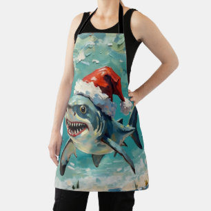 Vintage Shark with Santa Hat Christmas Art Apron